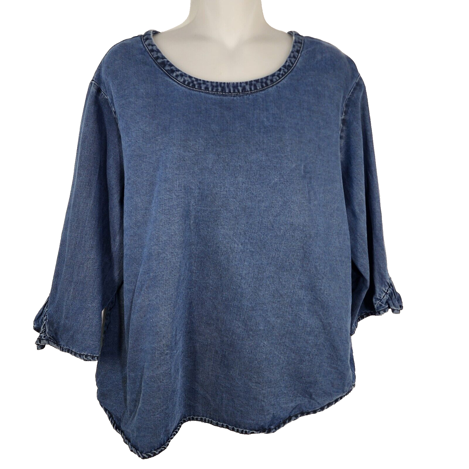 Soft Surroundings Top Medium Denim Blue Ruffle 3/4 Sleeve Button Back Lyocell